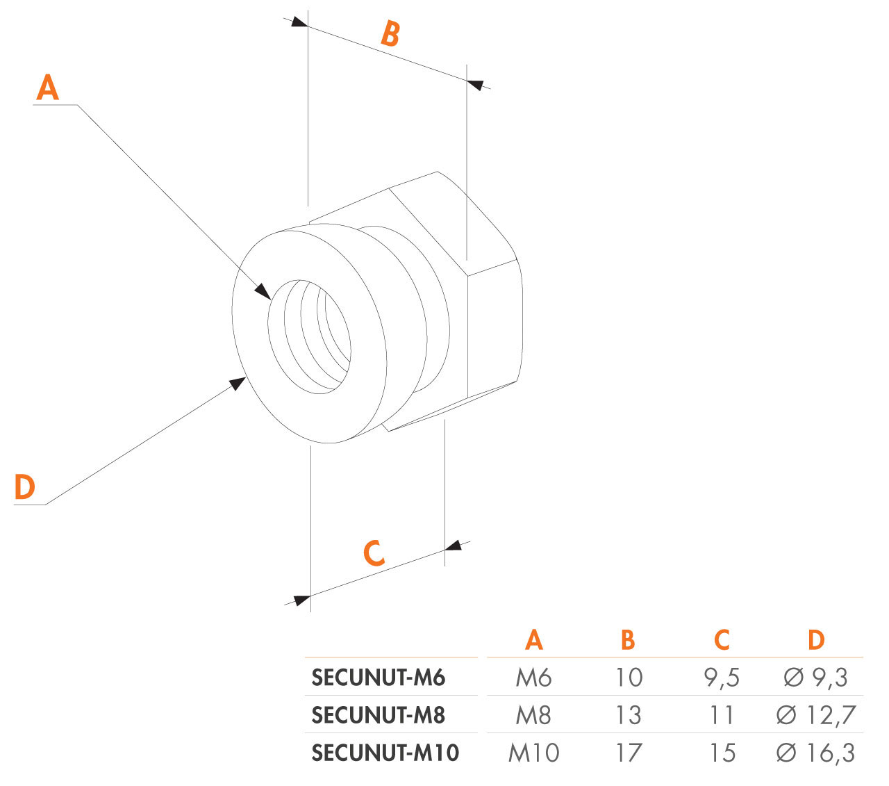 Fiche article SECUNUTM10, Ecrou autocassant en acier inoxydable M10